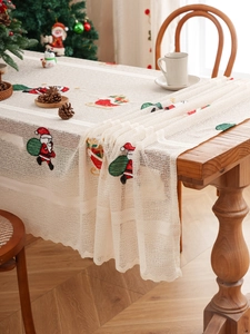 Detailed embroidery of Santa Claus and sleigh on festive lace Christmas tablecloth