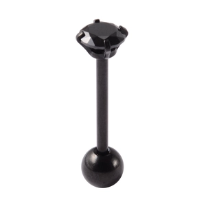 Close-up of black zircon stone in a 4-claw setting for a stainless steel tongue stud