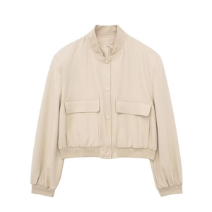 Minimalist beige stand collar bomber jacket with front pockets and snap buttons