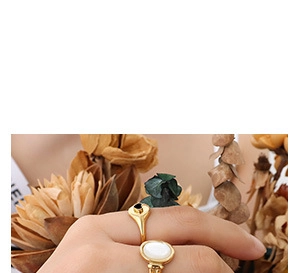 Model wearing vintage style 18K gold plated rings with black and white gemstones