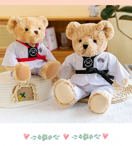 Vue détaillée d'ours en peluche portant des uniformes de Taekwondo blancs