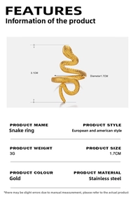 Macro detail of 18K gold snake ring showing 3.1cm height and 1.7cm diameter specs