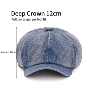 Washed denim octagonal newsboy hat with 12cm deep crown for a perfect fit