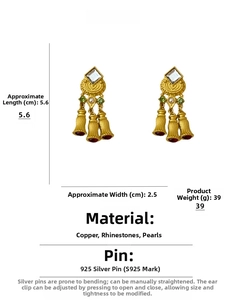 Detail view of retro geometric tassel earrings with dimensions 5.6cm by 2.5cm