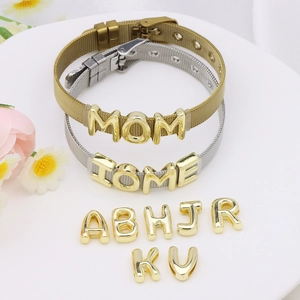 Customizable gold and silver mesh strap bracelets with gold-plated bubble alphabet charms