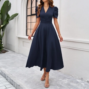 Women Elegant V Neck Short Sleeve Maxi Dress High Waist Pleated Solid Color A-Line Summer Casual Fashion