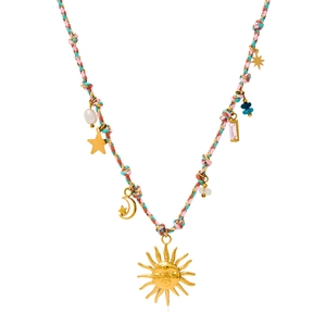 Colorful braided rope necklace with golden sun pendant moon and star charms and pearls