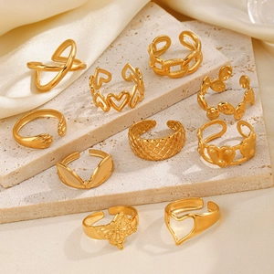 Set of 9 18K gold plated heart and butterfly open rings in polished stainless steel