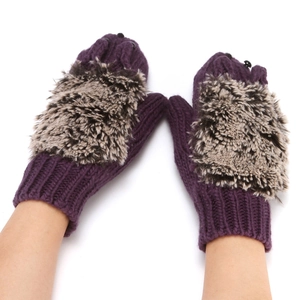 Cute plush hedgehog knitted mittens for women, thick warm winter gloves with furry design.