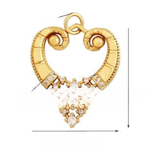 Nahaufnahme eines goldenen Herzanhängers mit weißen Zirkonen und spiralförmigem Design