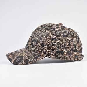 Structured leopard print baseball cap in khaki and black lace texture with curved brim