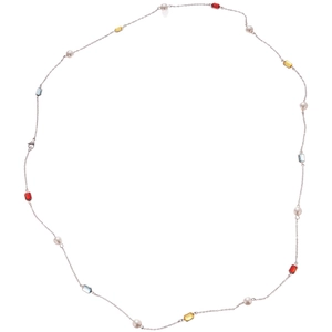 Long stainless steel necklace with white pearls and colorful rectangular crystals