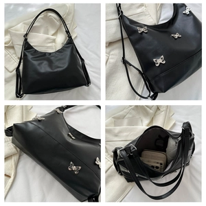 Dettagli della borsa hobo in pelle PU nera con farfalle argentate e chiusura a cerniera