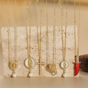 Pendant Necklace Copper Gold Plated Virgin Mary Chili Cross Artificial Pearl Zircon Vintage Religious Fashion Jewelry For Women