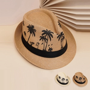 Chapeau Fedora En Paille Pour Hommes Avec Broderie De Cocotier Ruban Noir Large Bord Protection Solaire Plage Vacances