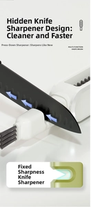 Detail showing hidden knife sharpener design on multi-function white kitchen brush