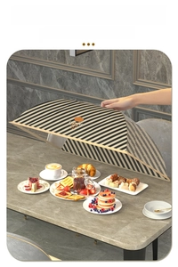 Collapsible fine mesh food cover with black and yellow stripes for table protection