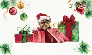 Close-up of Christmas doormat showing watercolor Yorkshire Terrier with holiday gift boxes