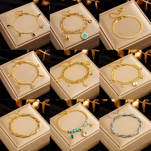 Layered Stainless Steel Bracelet For Women Gold Rhinestone Evil Eye Butterfly Star Pendant Snake Chain Adjustable Jewelry