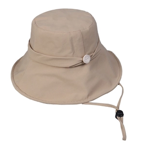 Khaki wide brim sun hat with decorative button and adjustable windproof strap