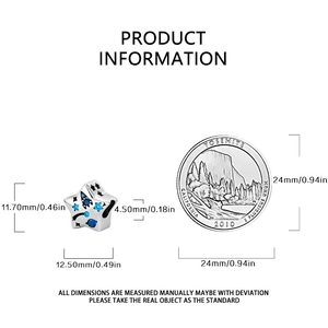 Detailed size specifications of silver star charm with blue crystal inlay next to a coin