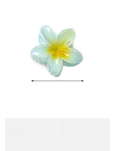 Detail view of 8cm blue plumeria hair claw clip with 23g weight specification and dimensions