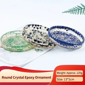 Round Resin Jewelry Dish With Natural Crystal Stones And Gold Foil Transparent Decorative Storage Tray For Home Decor