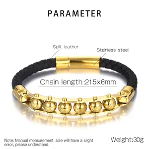 Bracciale perline mantra in acciaio inossidabile con cuoio intrecciato nero