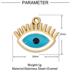 Detailed view of the gold stainless steel evil eye pendant with enamel dimensions