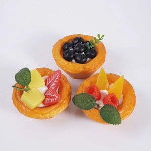 Set of three realistic PU fruit egg tart models including blueberry and strawberry flavors