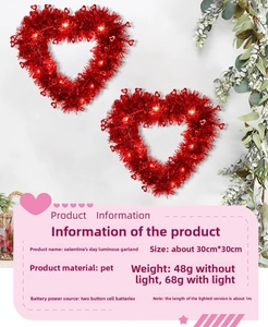 Macro shot of 30x30cm LED red heart wreath with PET tinsel and warm lights details