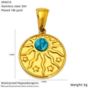 Detail view of 18K gold plated stainless steel sun pendant with turquoise stone inlay