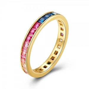 Elegant 18k gold eternity ring with channel-set square rainbow cubic zirconia stones