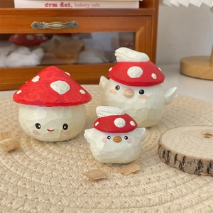 Handcrafted wooden mushroom and chick figurines set for office desk decor