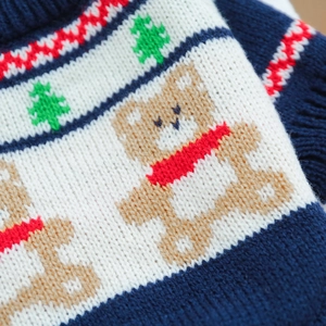 Detailed macro view of the knitted texture with bear and Christmas tree patterns