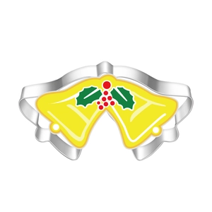 Detail of Christmas double bell cookie cutter in stainless steel with holly berry print