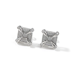 Retro hip-hop square zircon stud earrings with silver dragon claw design on white background