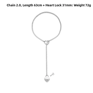 Detail of stainless steel heart padlock pendant with chain length specifications