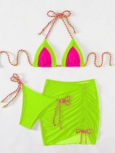 Three-piece neon green and hot pink bikini set with drawstring beach skirt detail