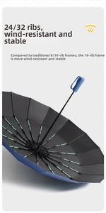 Detailed view of sturdy 24-rib windproof structure with protective black inner coating