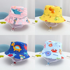 Kids Bucket Hat Cotton Sun Protection Windproof Adjustable Strap Cartoon Animal Fruit Pattern Outdoor Toddler