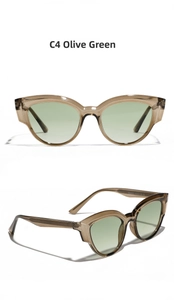 Detailed views of TR90 cat-eye sunglasses with olive green lenses and brown frames