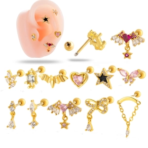 Cartilage Earring Stud Copper Zircon Inlaid Stainless Steel Post Ball Back Body Jewelry Wing Bowknot Heart Women
