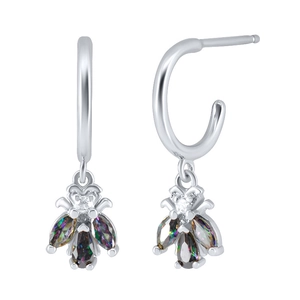 Detailed view of silver hoop earrings featuring iridescent zircon honey bee charms