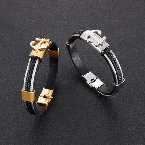 Bracciale da uomo in pelle multistrato con ancora e filo d'acciaio intrecciato oro e argento