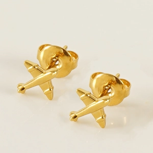 Minimalist 18K gold plated stainless steel stud earrings in airplane shape for women