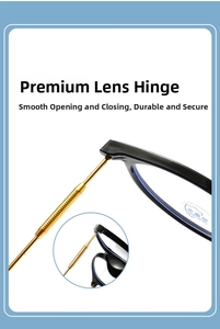 Macro shot of gold metal hinges and durable temples on anti-blue light glasses