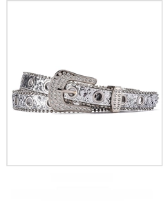 Close-up of Y2K silver belt with rhinestone buckle and metallic leather detailing
