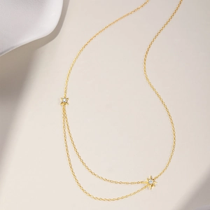 Detail of double-layer gold S925 silver necklace with sparkling star charms