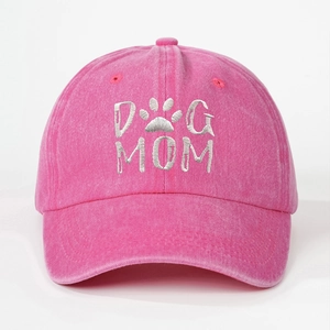 Pink washed cotton baseball cap for women with white Dog Mom embroidery and paw icon